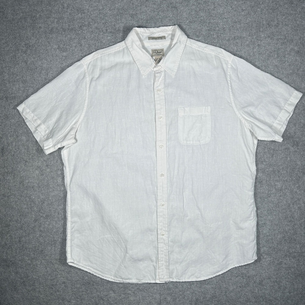 LL Bean Shirt Mens XL-REG White Slightly‎ Fitted Linen Short Sleeve Summer Beach